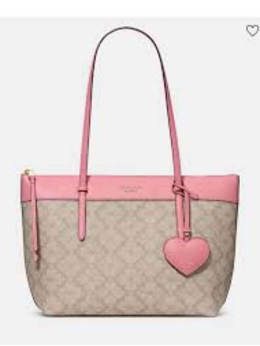 kate spade Beige Signature Canvas Tote with Pink Trim and Heart Charm